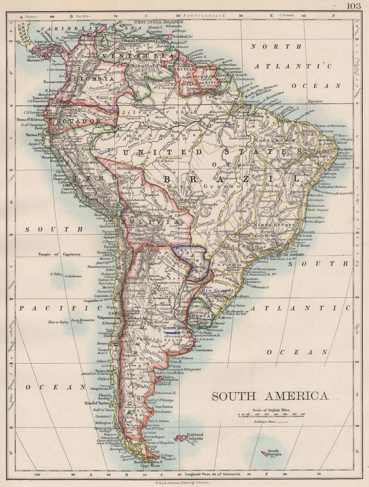 SOUTH AMERICA. Bolivia includes Acre, now in Brazil. JOHNSTON 1897 old map